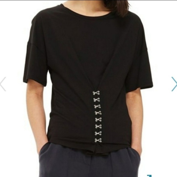 Topshop Tee Jersey Knit Short Sleeve Crew Hook & Eye Embellished Black S NWT - Picture 2 of 13